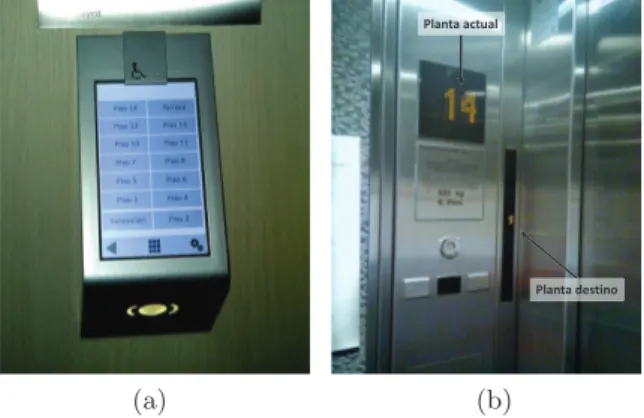 Figura 1: Ejemplo de ascensores con preselección de destino. a) Panel de preselección en el  vestíbu-lo