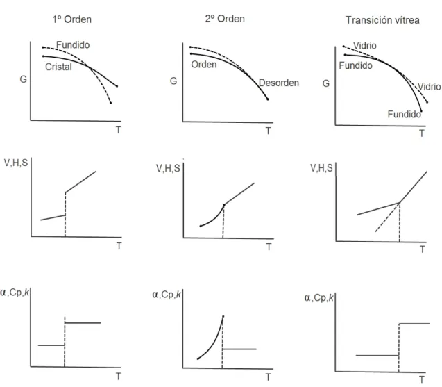 Figura 1.2. Representación esquemática de las repuestas termodinámicas más relevantes para transiciones   de  primer orden, de  segundo orden (según Ehreenfest) y para la transición vítrea