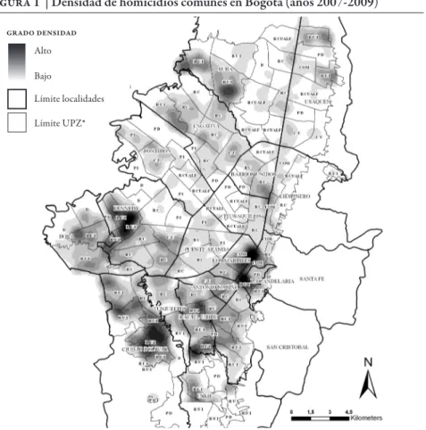 figura 1  | Densidad de homicidios comunes en Bogotá (años 2007-2009)