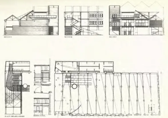 Figura  1.  Enric  Miralles  y  Carme  Pinós,  Instituto  La  Llauna,  Badalona,  Barcelona, planta y secciones, 1986
