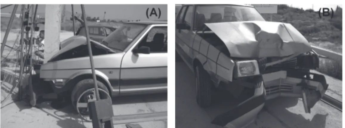 Figura 1 (A) One of the real scale experiments done by the authors. (B) Final state of a  vehicle after impact under controlled conditions at a speed of 20 km/h.