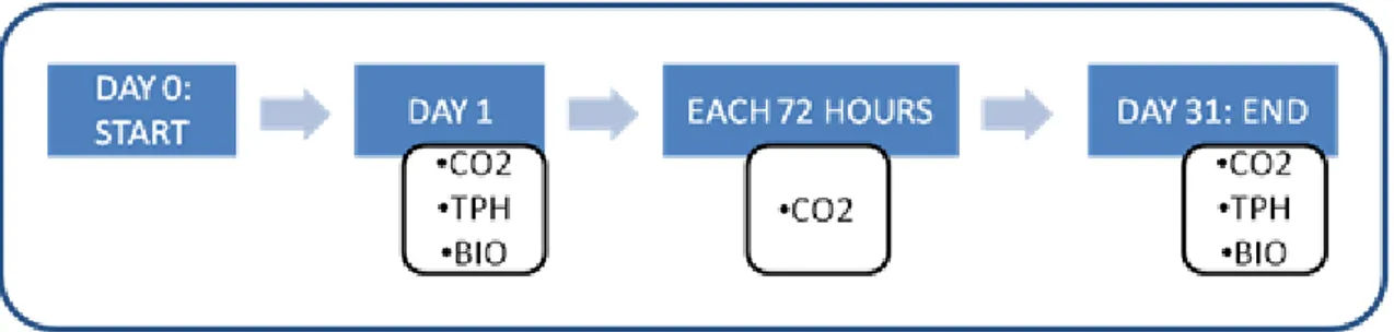 Fig.  8  Analyses  done  in  the  experiment:  respiration  (CO 2 ),  Total  Petroleum  Hydrocarbon  (TPH)  and  microbiological  (BIO)