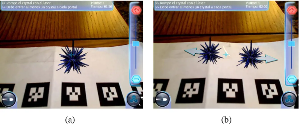 Figure 2-3: Action and reaction Level. The player can shoot a crystal by aiming  his/her device and pressing a button (a), splitting it in two halves, allowing him/her 