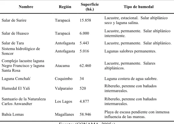Tabla 1-2: Lista de sitios RAMSAR en Chile. 