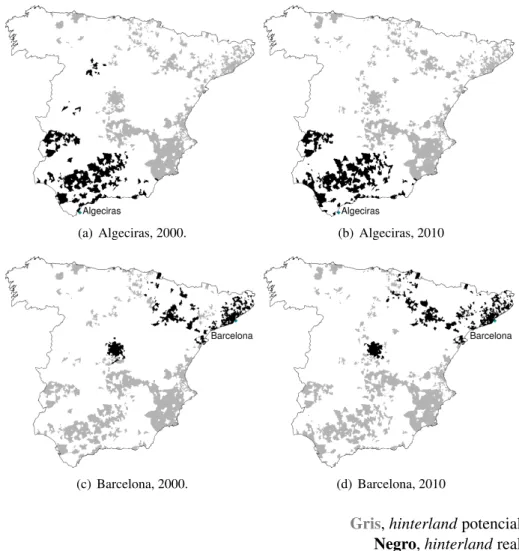 Figura 2.1. Alcance geográfico del hinterland de los puertos de Algeciras y Barcelona (2000 y 2010)