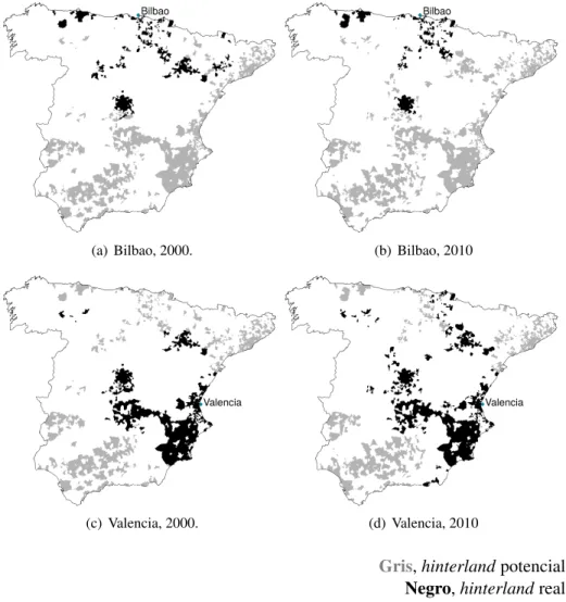 Figura 2.2. Alcance geográfico del hinterland de los puertos de Bilbao y Valencia (2000 y 2010)