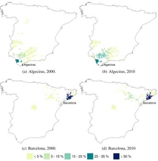 Figura 2.4. Distribución espacial de la generación del tráfico en el hinterland los puertos de Algeciras y Barcelona (2000 y 2010)