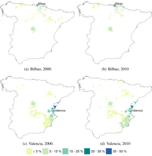 Figura 2.5. Distribución espacial de la generación del tráfico en el hinterland de los puertos de Bilbao y Valencia (2000 y 2010)