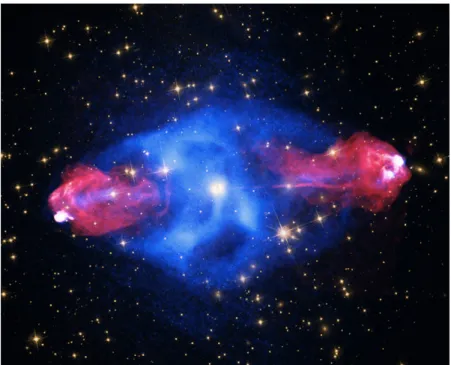 Figura 3.5: Reconstrucci´ on imagen galaxia Cygnus A. X-ray: NASA/CXC/SAO ;Op- ;Op-tical: NASA/STScI; Radio: NSF/NRAO/AUI/VLA