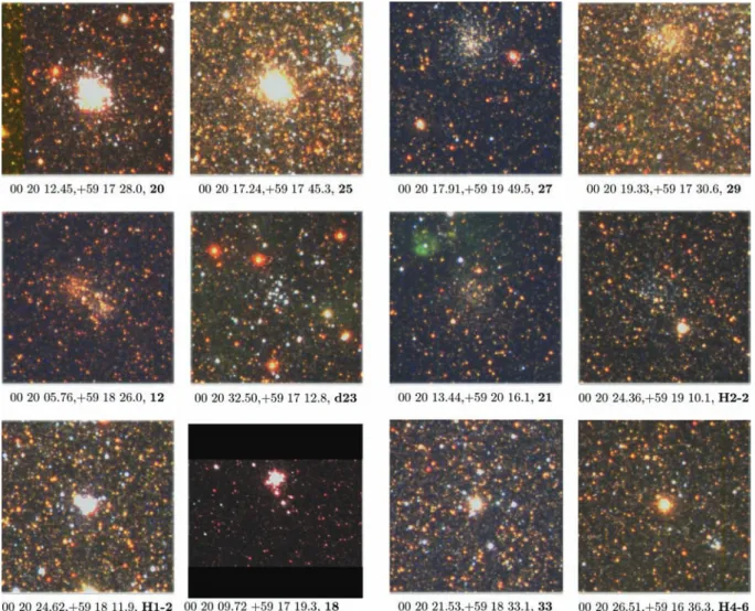 Figure 1. Examples of the HST/ACS images for the SCs found in IC10: bright compact globular morphology (20 and 25); relatively bright intermediate morphology (27 and 29); open morphology (double 12, bright d23, faint red 21 and faint blue H2-2 from the lis