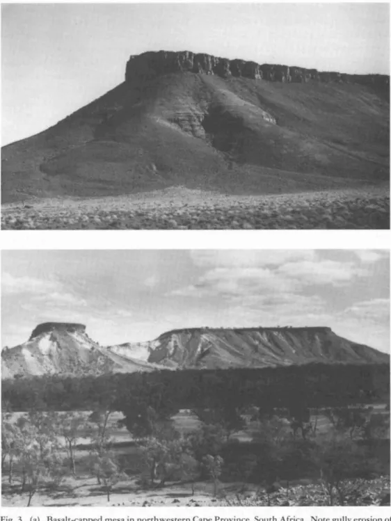 Fig. 3. (a) Basal(-capped mesa in nonhwestern Cape Province. South Africa. Note gully erosion of debris slope.