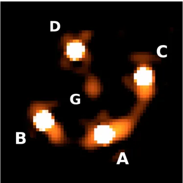 Fig. 1. A deconvolved near-infrared image of the gravitationally lensed quasar H1413 +117 with the four images and the lensing galaxy labelled (from Chantry &amp; Magain 2007)