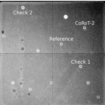 Figure 1. Sample raw image of the observed field in the K s filter, showing the location of the target, the reference star used, and the two check stars that were used in Section 3.2 to estimate the effect of the systematic noises.