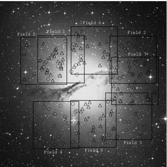 Figure 1. Positions of GMOS fields 1–4 GMOS from 2005 and fields 5–8 from 2007. The squares indicate a 5