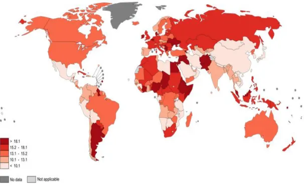 Figura 6 .Tasas de mortalidad estimada en el mundo en 2012. Globocan 2012. 