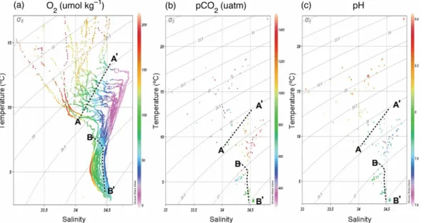 Fig. 3. Temperature-salinity diagram colour-coded for oxygen (a), pCO 2 (b), and pH (c) with potential-density isolines superposed