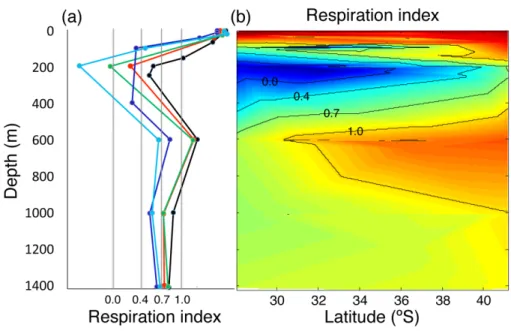 Fig. 5. (a) Vertical profile of RI for five representative stations along the meridional transect (black: station 41.2 ◦ S; red: station 37.4 ◦ S; green: station 33.6 ◦ S; blue: station 30.8 ◦ S and light-blue: station 28.03 ◦ S)