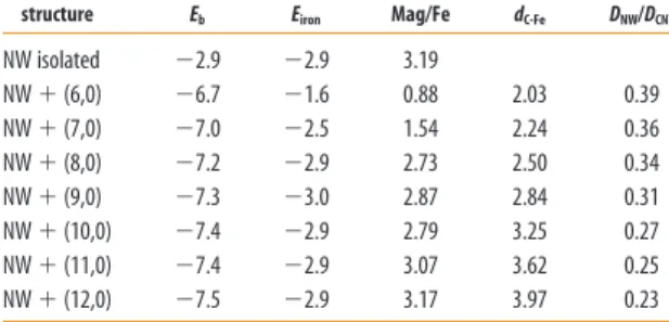 TABLE 1. Binding Energies E b and E iron (in eV and as Defined in eqs 1 and 2), Magnetization by Magnetic Atom (in ␮ B ), Average Nearest C ⴚFe Distance (in Å), and Ratio between the NW Diameter with Respect to the CNT Diameter