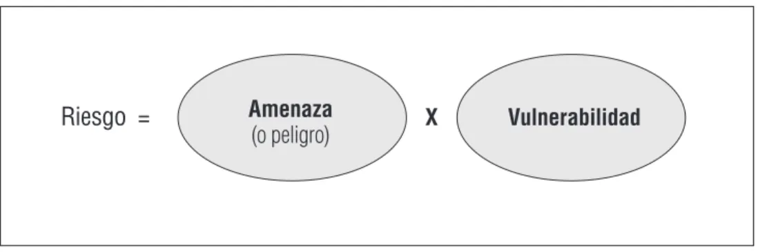 Figura 1 |  El riesgo es una función de la amenaza por la vulnerabilidad. Como las amenazas son  inevitables, los esfuerzos para disminuir el riesgo de desastre deben concentrarse en disminuir 