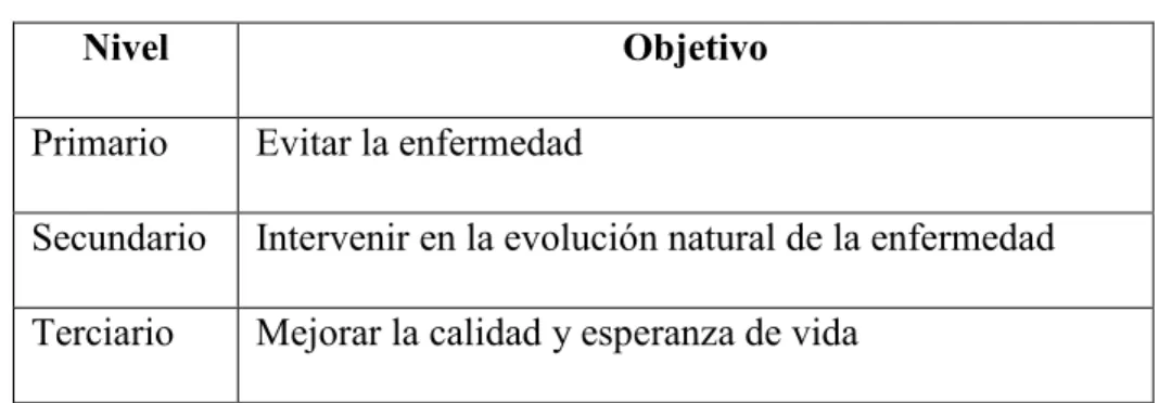 Tabla 1 Niveles de prevención 