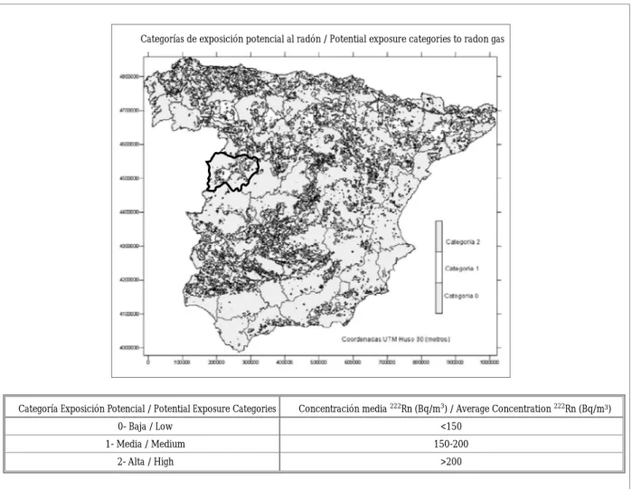 Figura 1. En el mapa de estimación de presencia de radón en España en viviendas, se observa que la provincia de salamanca se encuentra en una zona de alto riesgo Figure 1