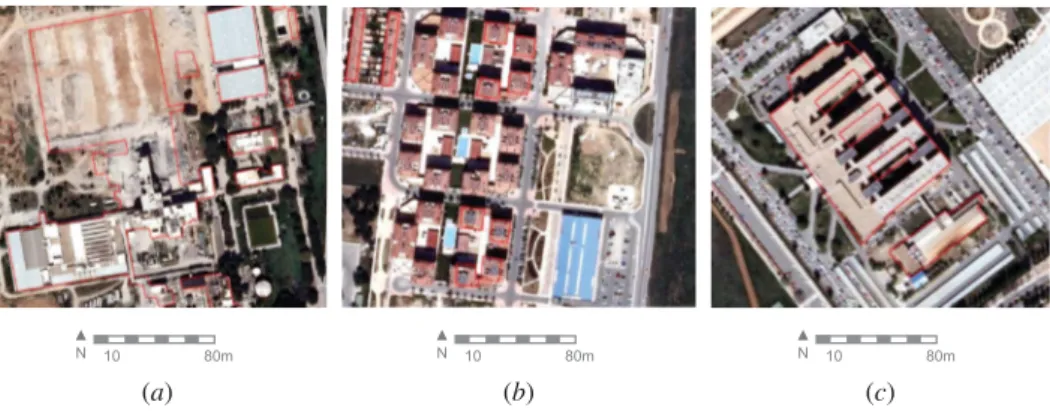 Figure 1. (a) Demolished buildings; (b) new buildings; and (c) planimetric inaccuracies.