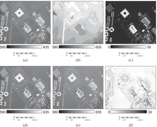 Figure 3. (a) DSM; (b) DTM; (c) nDSM; (d) first echo; (e) last echo; and (f ) difference between echoes