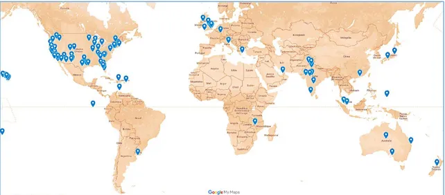 Fig.  2. Aeropuertos con sistemas fotovoltaicos en el mundo. Fuente: autores. 