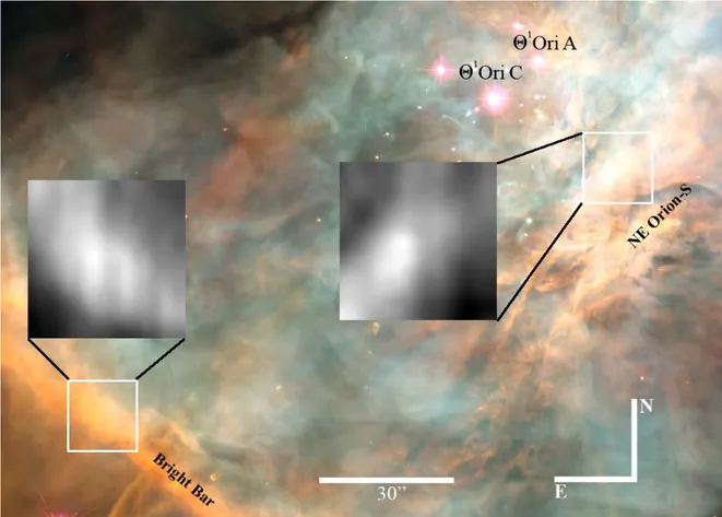 Figure 1. HST image of the central part of the Orion Nebula, which combines WFPC2 images taken in different narrow-band filters (O’Dell &amp; Wong 1996)