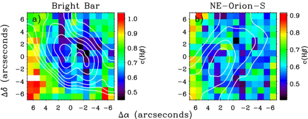 Figure 3. Spatial distribution maps of the extinction coefficient, c(Hβ), with Hα contours overplotted for the two PMAS fields: a) Bright Bar and b) NE-Orion-S.