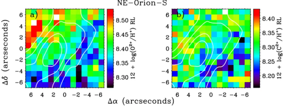 Figure 8. Spatial distributions of O 2+ and C 2+ abundances determined from recombination lines for the NE-Orion-S