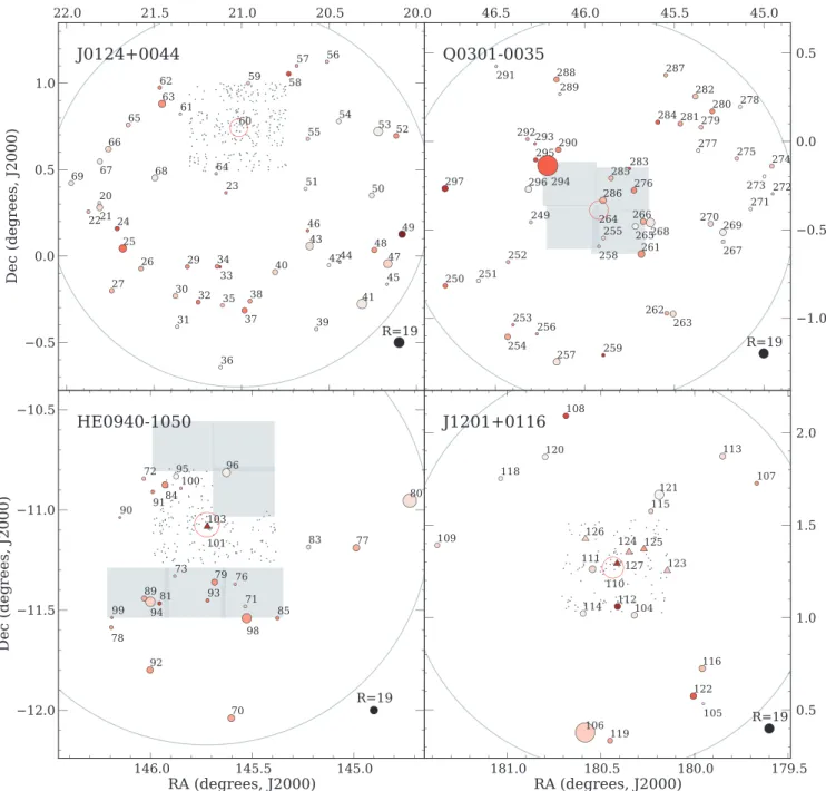 Figure 6. Quasar positions in the J0124 +0044, Q0301−0035, HE 0940−1050 and J1201+0116 fields