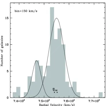 Figure 4. Radial velocity histogram for 95 probable cluster mem- mem-bers with a bin size of 150 km/s