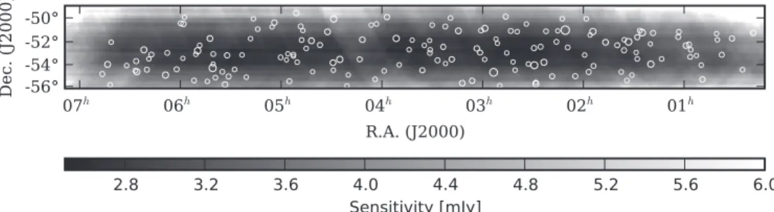 Figure 1. Sensitivity map with detections. The subset of the ACT 2008 148 GHz data set considered for this study lies between R.A