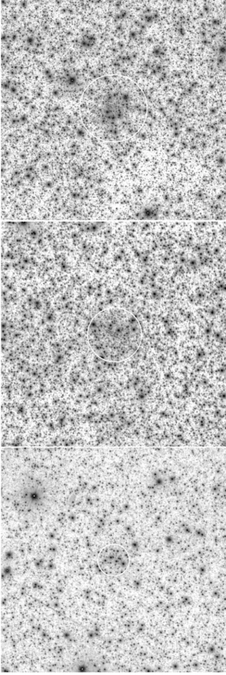 Fig. 1. 5  × 5  logarithmic gray-scale K s -band images from the VVV archive, centered on the three candidate clusters (from upper to lower panel: VVV CL002, VVV CL003, and VVV CL004)