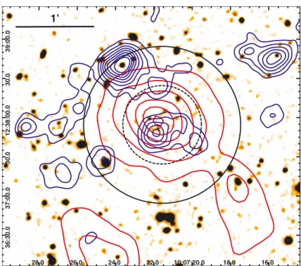 Fig. 2. H-band view of the 3.8  × 3.3  cluster environment. Red contours indicate the log-spaced projected densities of very red galaxies with colors 3 ≤ z − H ≤ 4 (see Fig