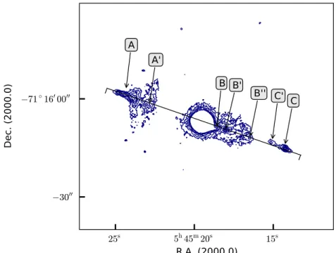 Figure 3. Logarithmic contour map of the H+[N ii] image of Sanduleak’s star, with the same orientation and spatial scale as in Figure 1