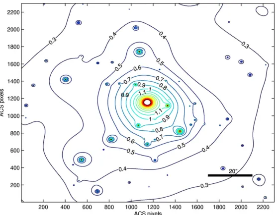 Figure 4. Two-dimensional surface mass distribution (κ), in units of the critical density (for z s = 2.55), of A383