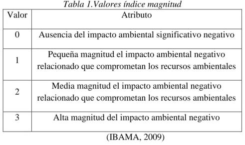 Tabla 1.Valores índice magnitud 