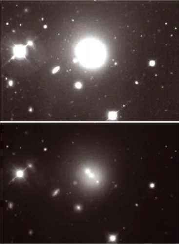 Fig. 10. NGC 3550, the brightest member galaxy in A1185. The image on top is displayed with a linear intensity scale and NGC 3550 appears as a single large elliptical galaxy
