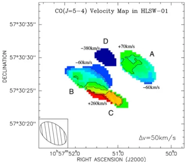 Figure 4. CO(J = 5 → 4) line emission contours as shown in Figure 1, but overlaid on 2.2 μm continuum emission (gray scale; smoothed with a 0