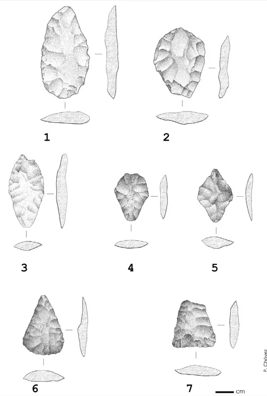 Figure 7. Lithic tools from level 13 of Hakenasa Cave: 1 &amp; 2) blanks; 3–5) resharpened stemmed projectile points; 6 &amp; 7) triangular projectile points with convex and straight base respectively.