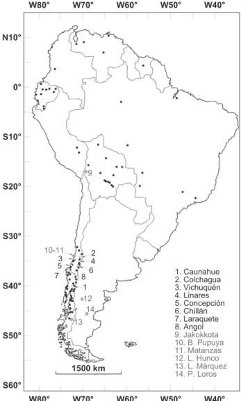 Figure 1 Latitudinal trend of mean annual temperature (solid dots) and annual precipitation within the range of Chilean forest (grey bars) from Mediterranean to cool-temperate climates.