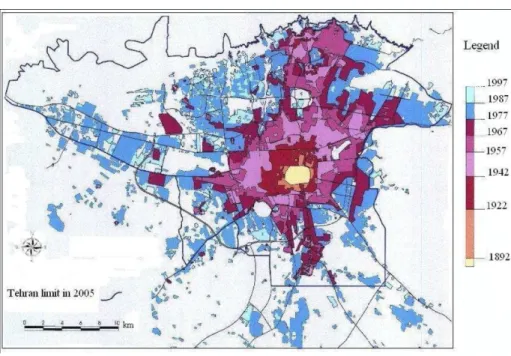 Figure 2. The physical development of Tehran [18,26,27]. 