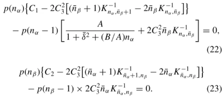 FIG. 1. Steady-state photon statistics for the composite mode α (dotted curve) below (curve 1), at (curve 2), and above (curve 3) threshold