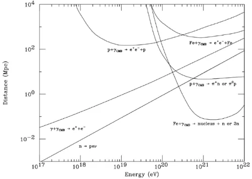 Figure 2.6: Several interactions with the CMB. The curves labeled p+γ CM B → e + +e − +p