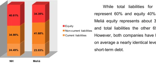 Figure 3.5 Average structure of equity and liabilities of NH and Meliá, 2007-2014 (%) 