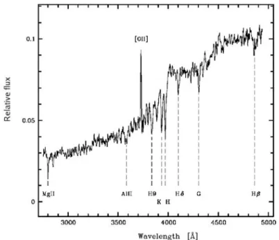 Fig. 2 Example of a spectrum of a red bright galaxy with [OII] and the main absorp- absorp-tion lines identified.