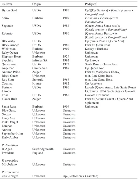 Table 1.  Cultivars,  origins  and  pedigrees  of  29  cultivars  and  an  interspecific  hybrid of Japanese plum as well as cultivars of Prunus domestica, P