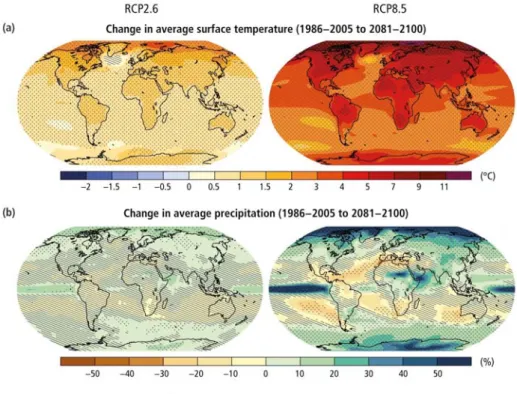 Figure 1 Predicted changes in average surface temperature (a) and precipitation  (b) for the scenarios RCP2.6 and RCP8.5 in 2081-2100